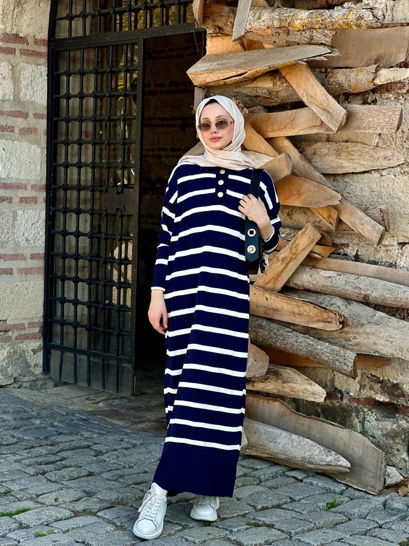 Çizgili Polo Yaka Triko Elbise - Lacivert