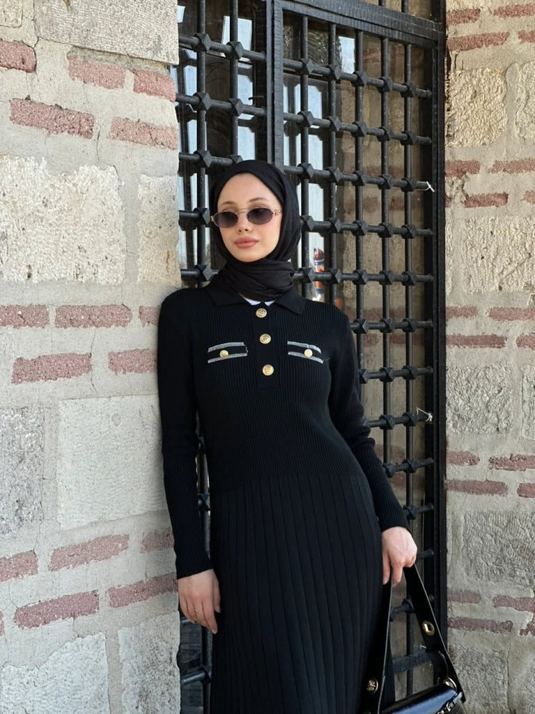 Gize Triko Elbise - Siyah