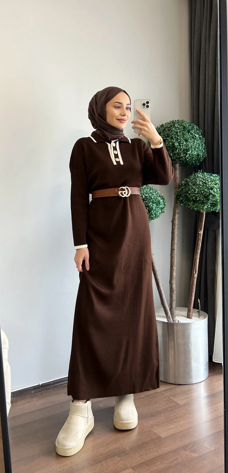 Düğmeli Biye Detay Uzun Triko Elbise - Kahverengi