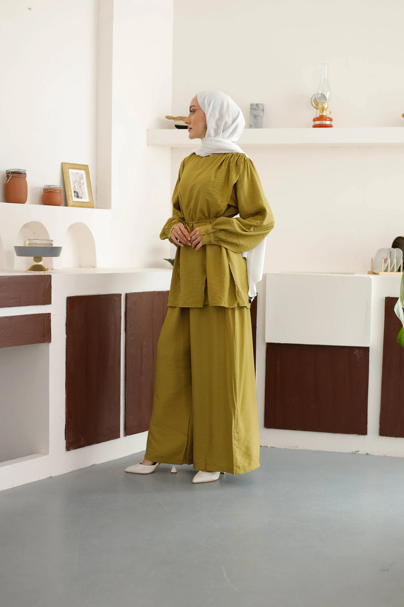 Asimetrik Tunik Pantolon Takım - Hardal