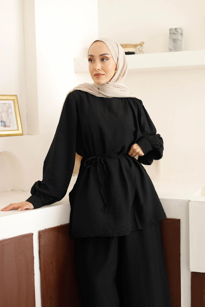Asimetrik Tunik Pantolon Takım - Siyah
