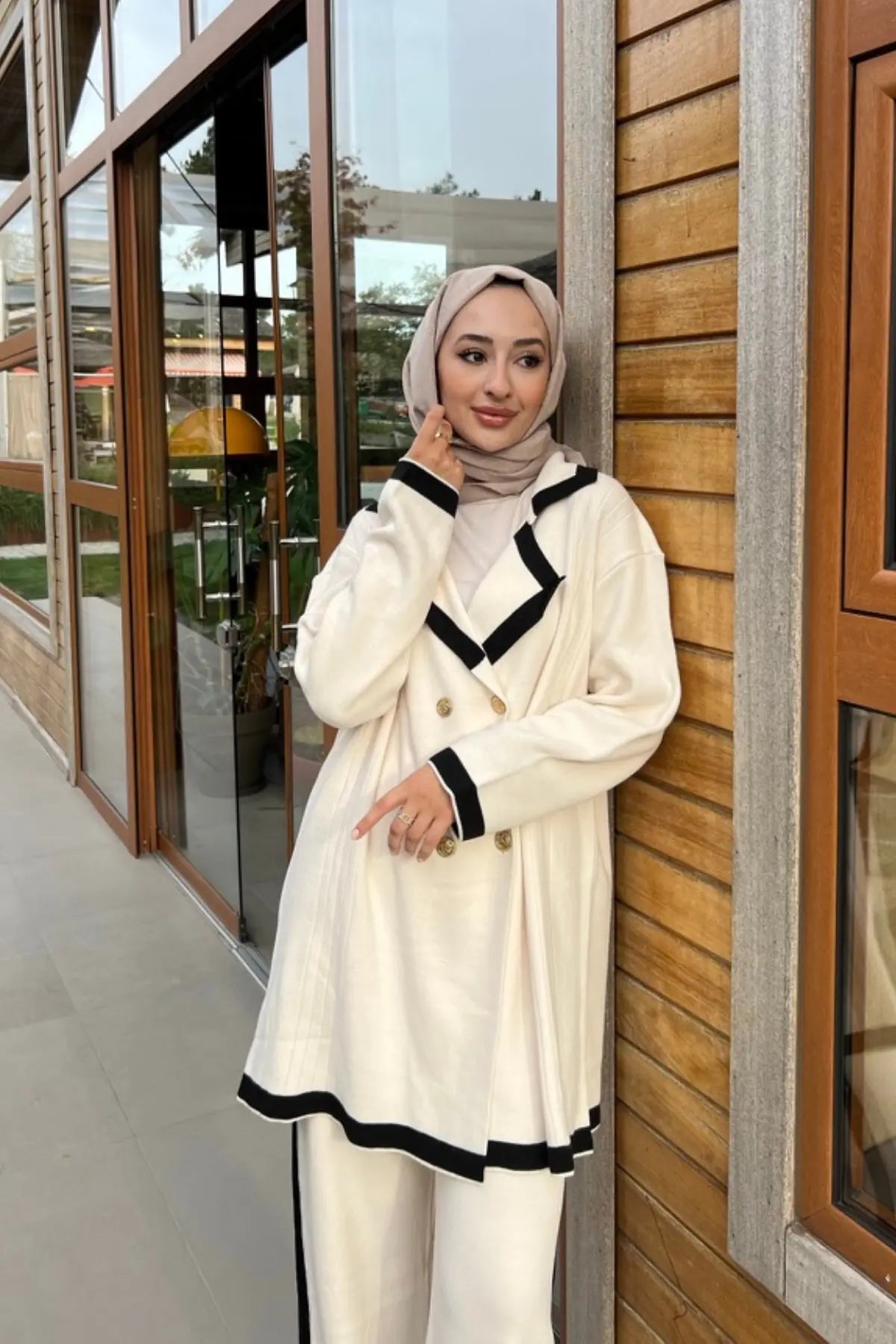 İkili Blazer Triko Takım - Ekru