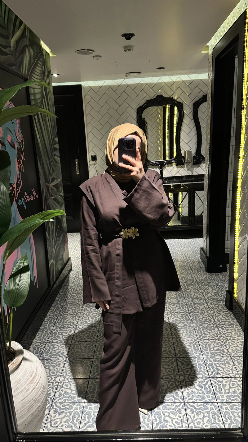 Broş Kemerli Kimono Takım - Acı Kahve