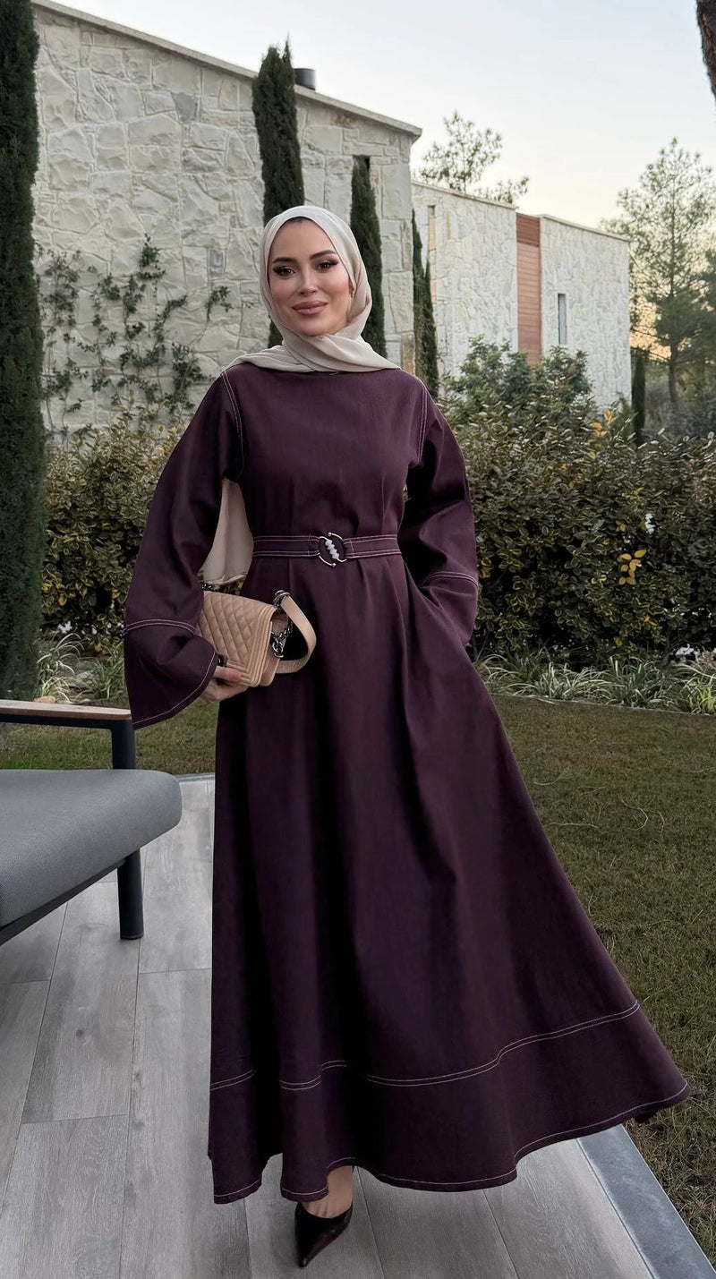 Çan Model Denim Elbise - Bordo