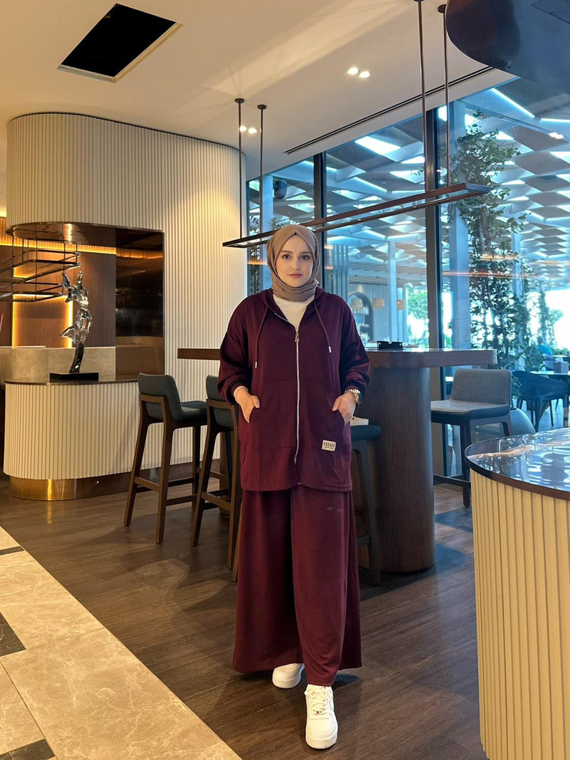 Uzun Ceketli Fermuarlı Eşofman Takımı - Bordo