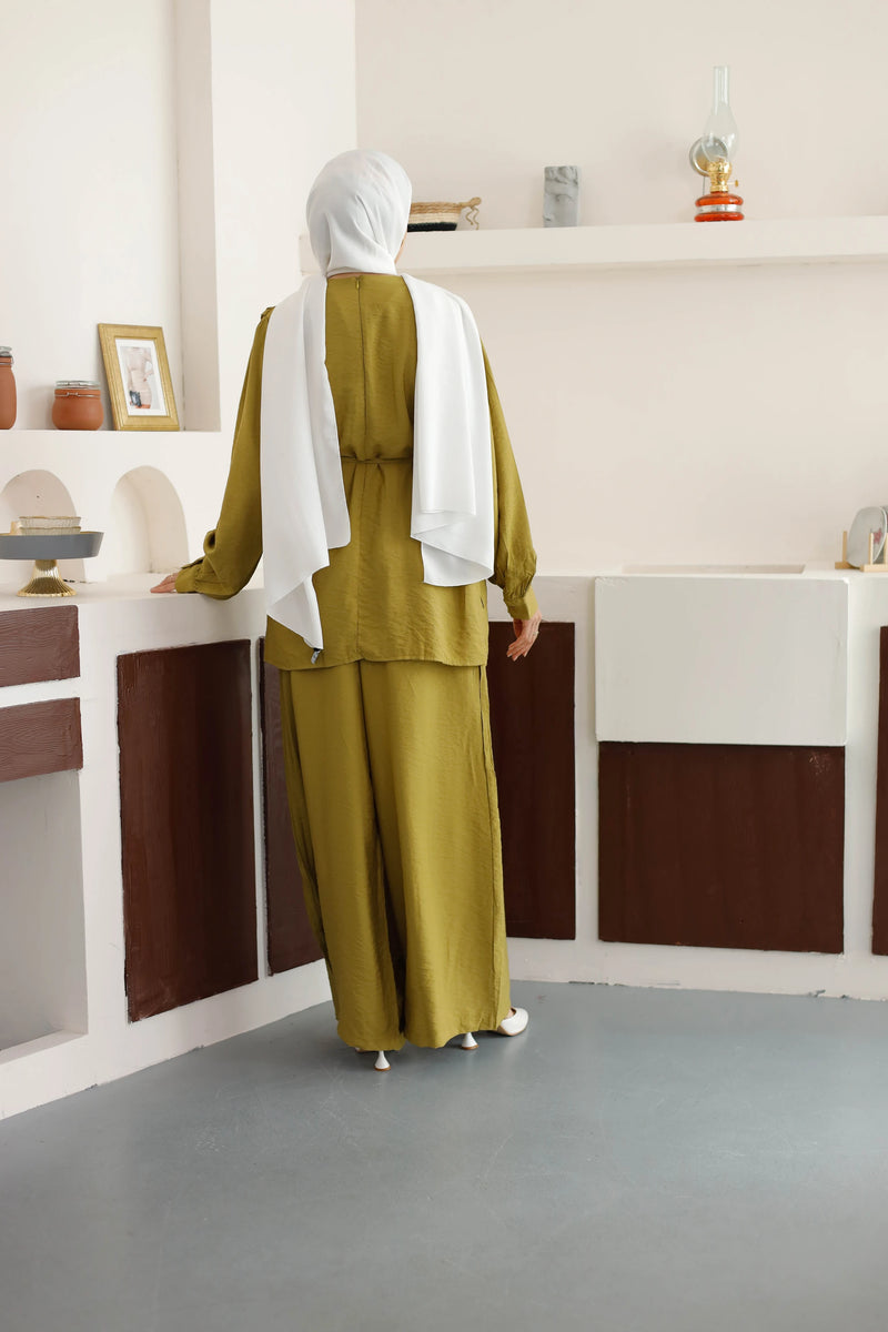 Asimetrik Tunik Pantolon Takım - Hardal