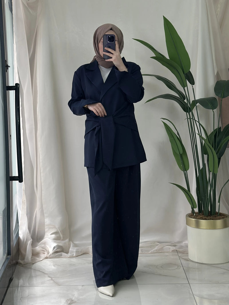 Bağlama Detay Blazer Ceket Pantolon Takım - Lacivert