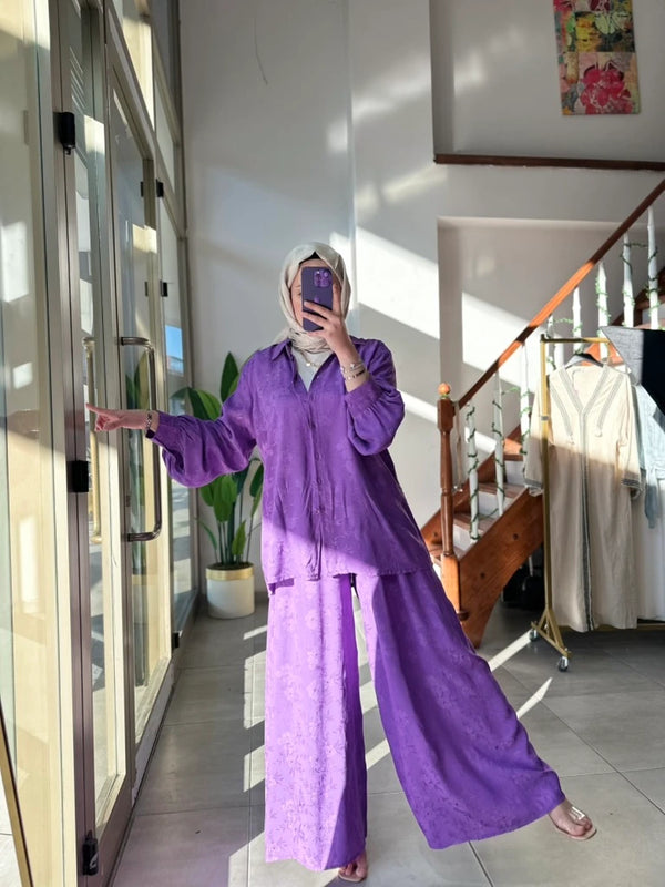 Jakarlı Gömlek Pantolon Takım - Mor