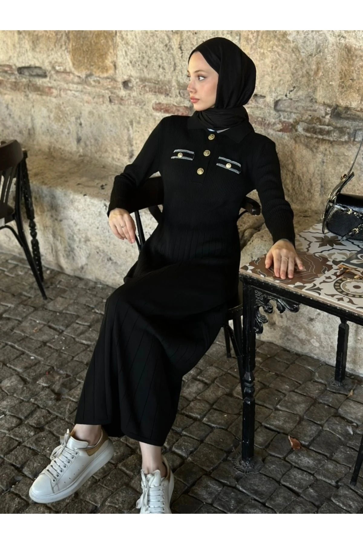 Gize Triko Elbise - Siyah