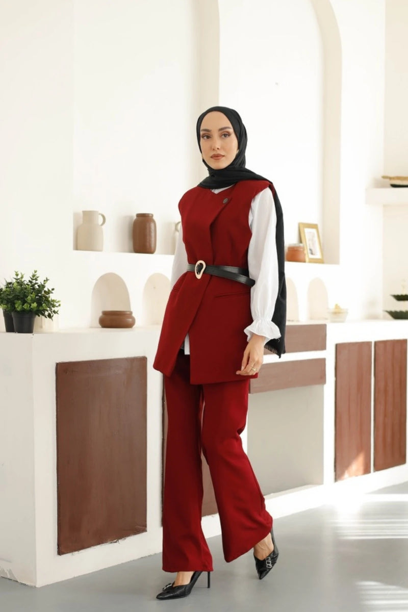 Kemerli Yelek Pantolon Takım - Bordo