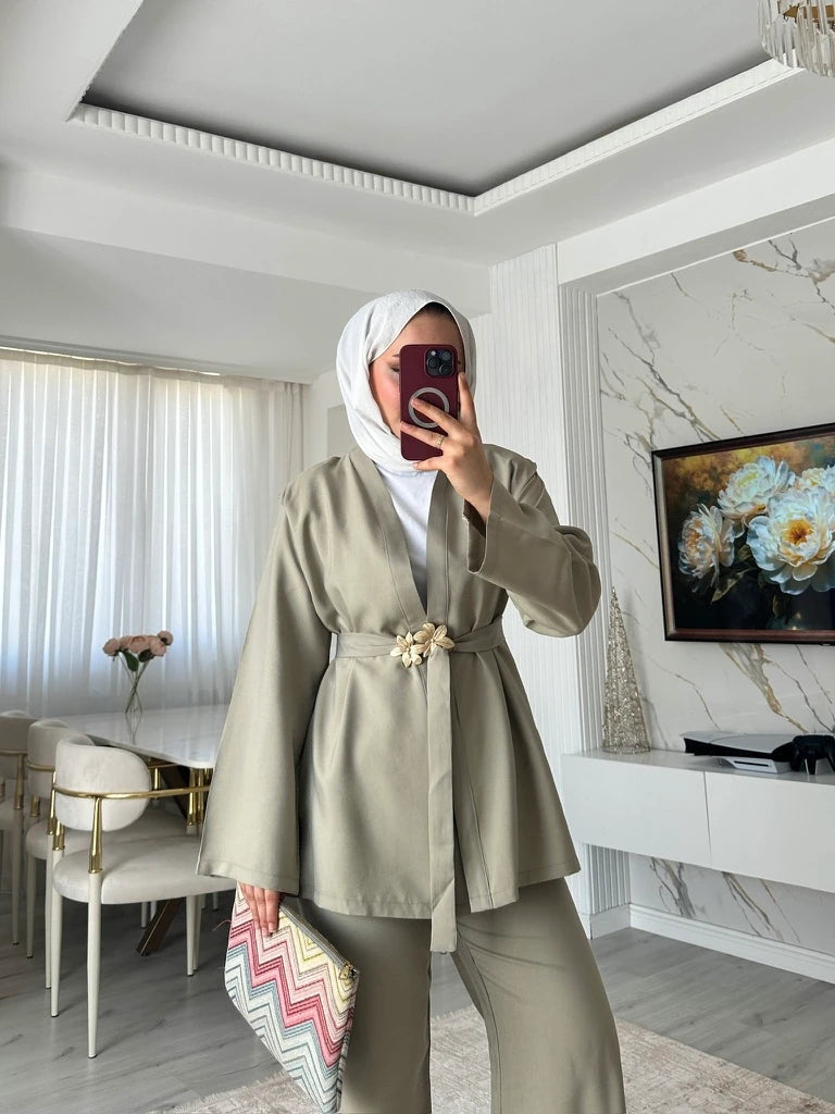 Broş Kemerli Kimono Takım - Açık Haki