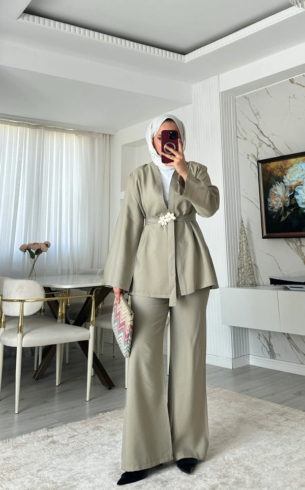 Broş Kemerli Kimono Takım - Açık Haki