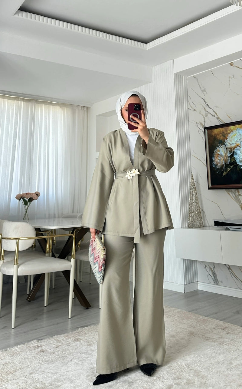 Broş Kemerli Kimono Takım - Açık Haki