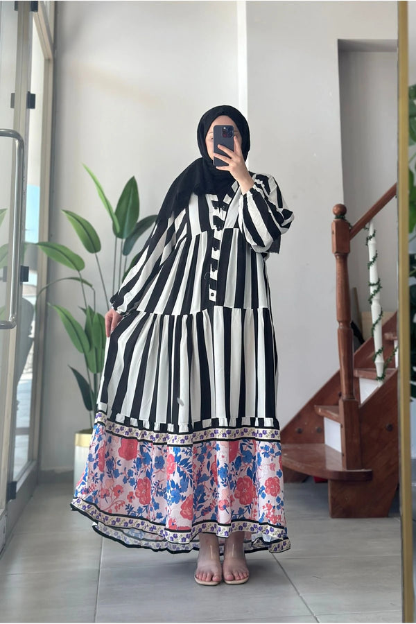 Zebra Desenli Viskon Elbise - Siyah