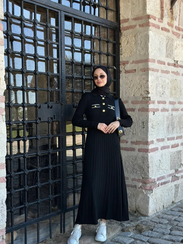 Gize Triko Elbise - Siyah