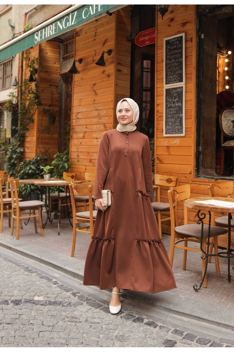 Fırfırlı Skuba Elbise - Kahverengi