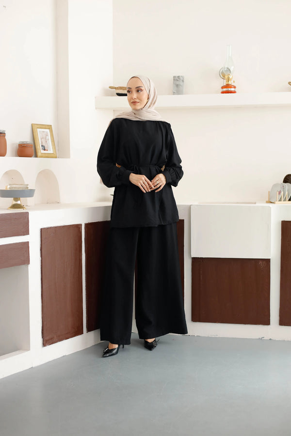 Asimetrik Tunik Pantolon Takım - Siyah
