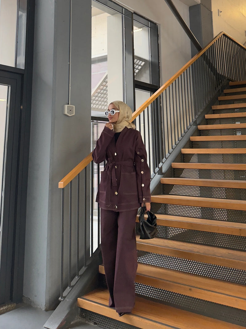 Aysima Kot Ceket Pantolon Takım - Bordo
