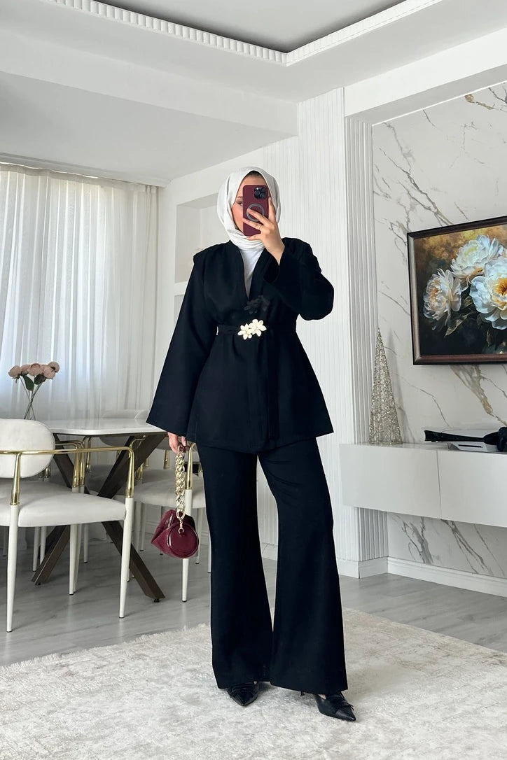 Broş Kemerli Kimono Takım - Siyah