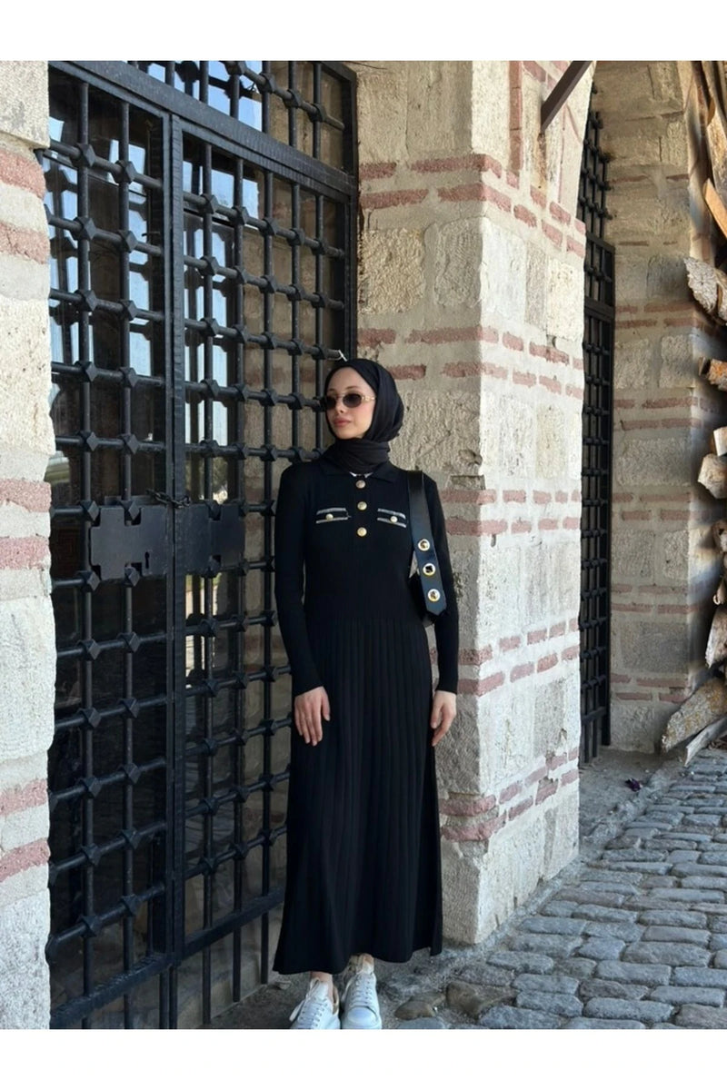 Gize Triko Elbise - Siyah