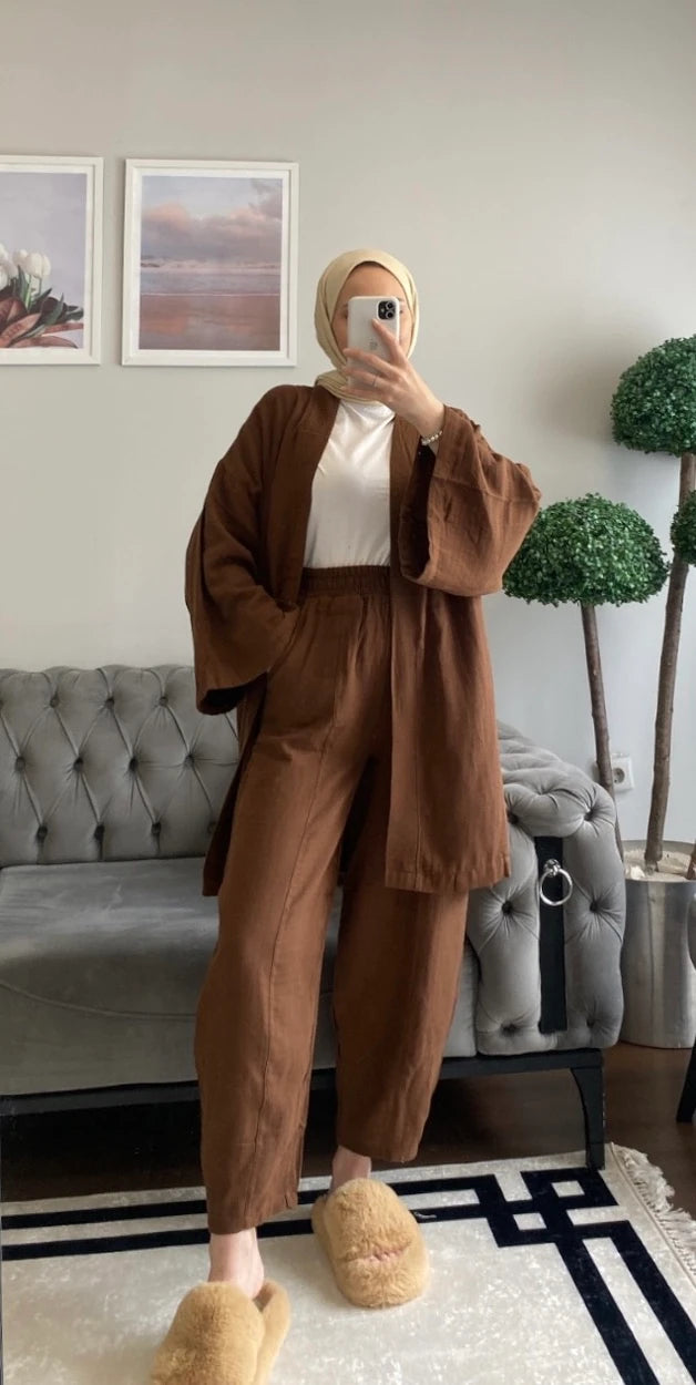 Kahve Şalvar Kimono Takım