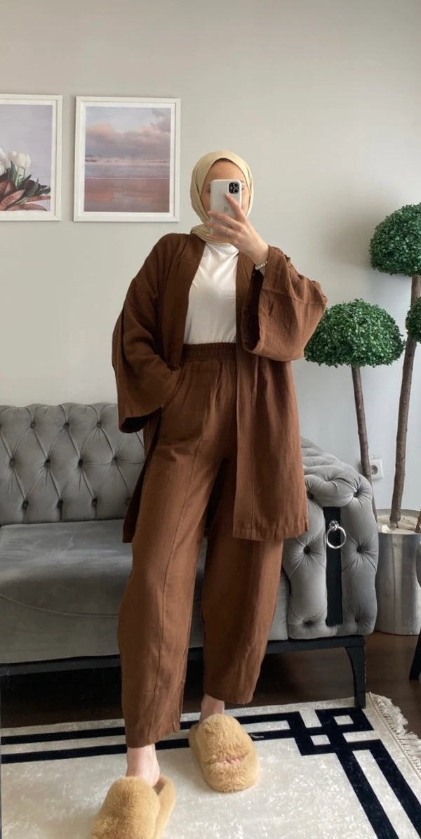 Kahve Şalvar Kimono Takım