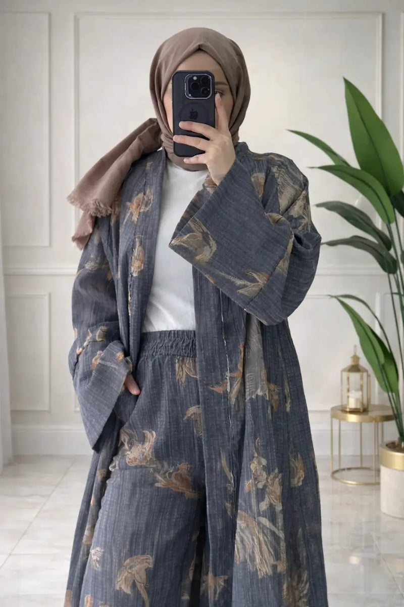 Bahar İkili Kimono Takım - Gri