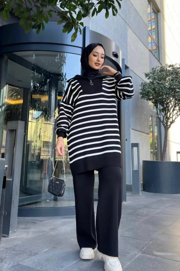 Lily Çizgili Triko Takım - Siyah