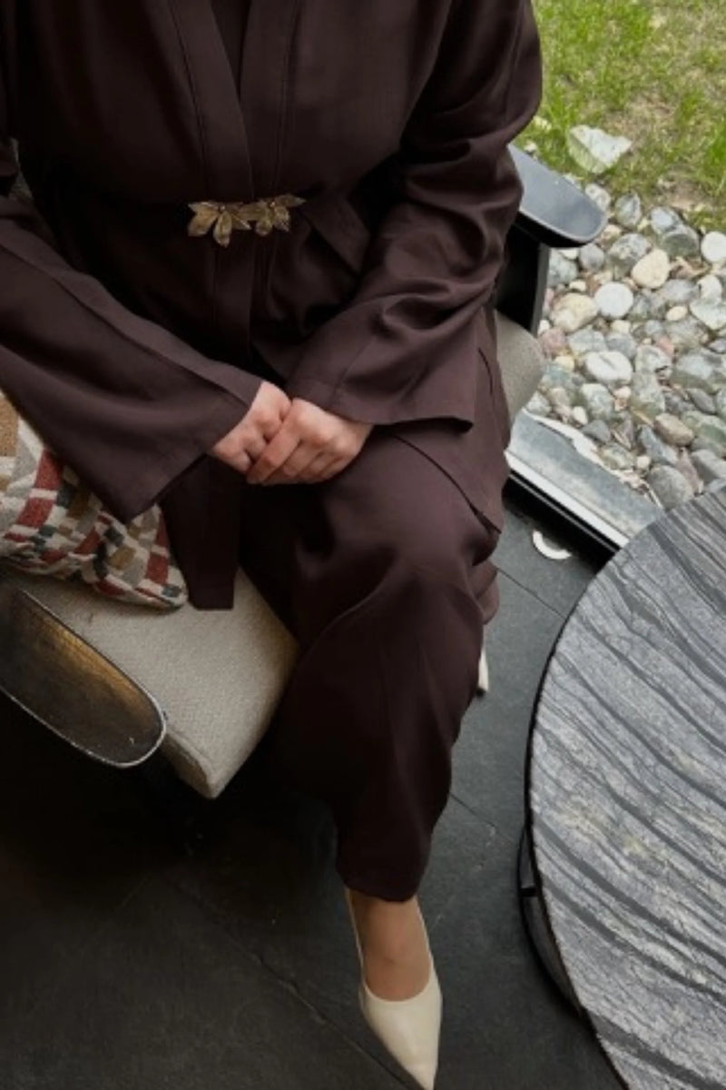 Broş Kemerli Kimono Takım - Acı Kahve