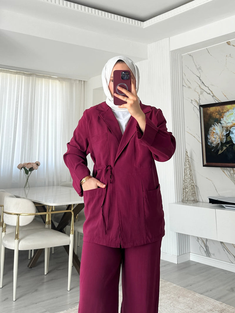 Cepli Bağlamalı Tunik Pantolon Takım - Vişne