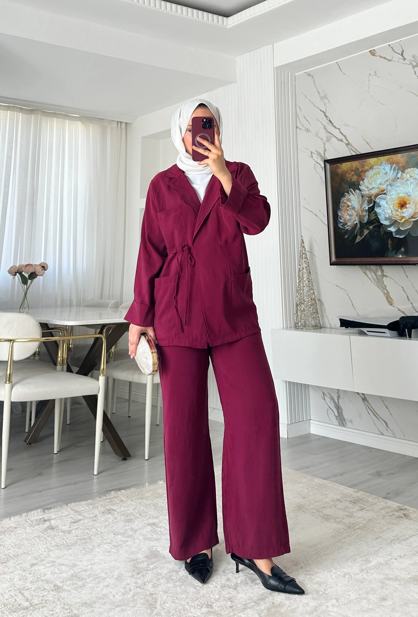 Cepli Bağlamalı Tunik Pantolon Takım - Vişne
