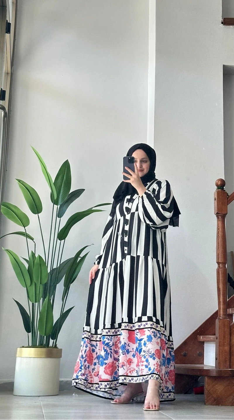 Zebra Desenli Viskon Elbise - Siyah