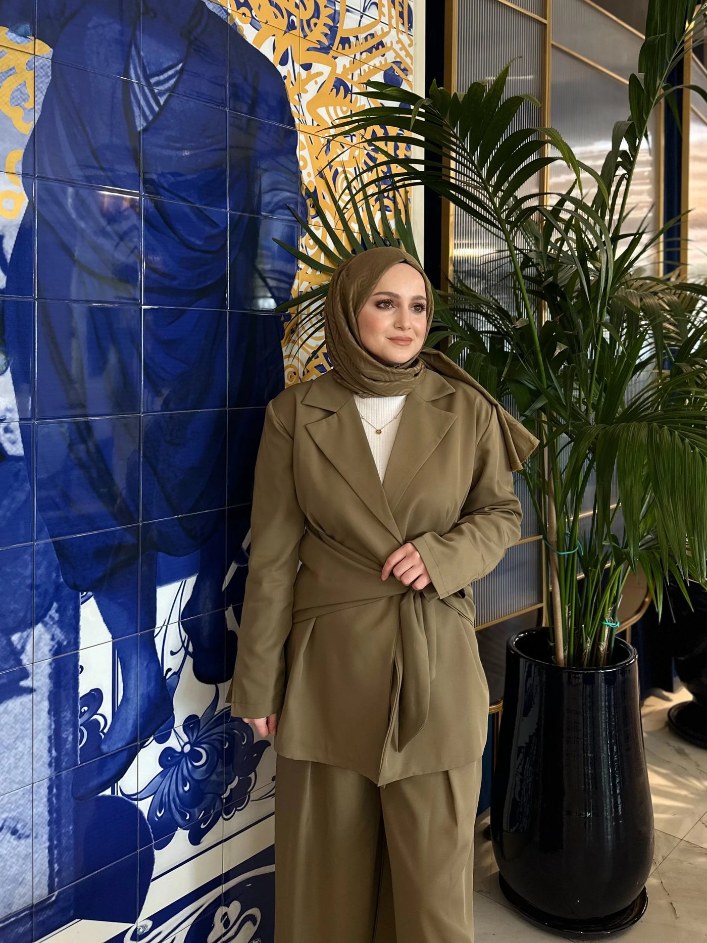 Bağlama Detay Blazer Ceket Pantolon Takım - Haki