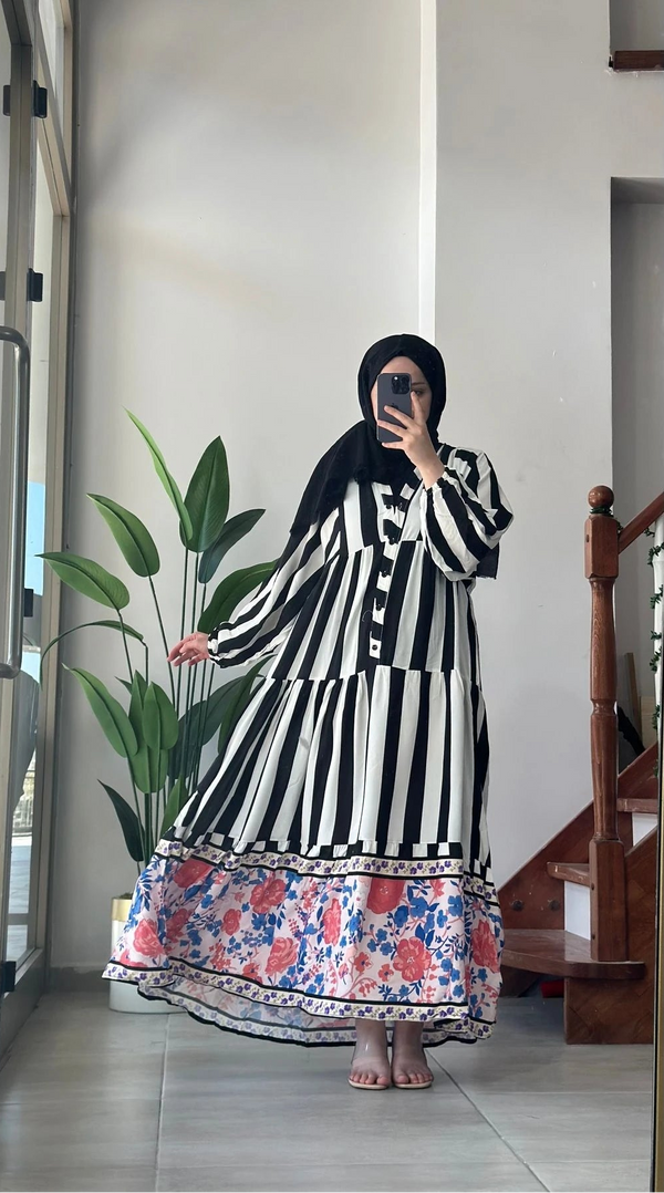 Zebra Desenli Viskon Elbise - Siyah