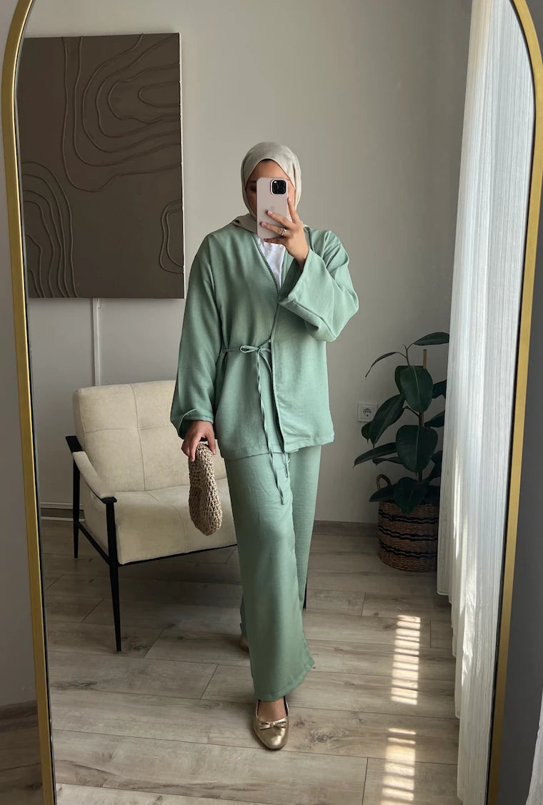 Yandan Bağlamalı Kimono Takım - Mint