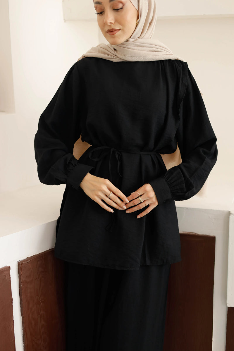 Asimetrik Tunik Pantolon Takım - Siyah