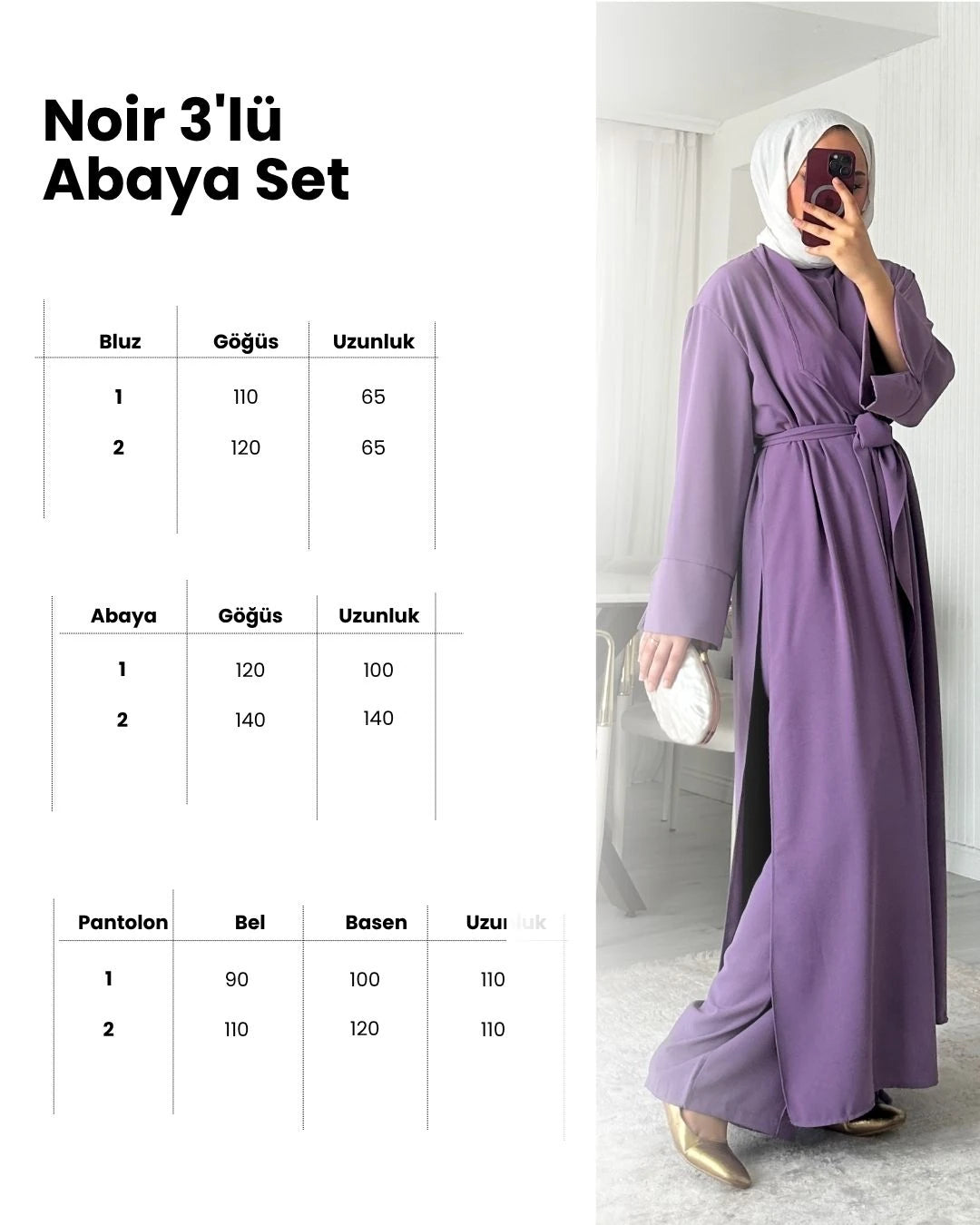 Noir 3'lü Abaya Set - Lavanta