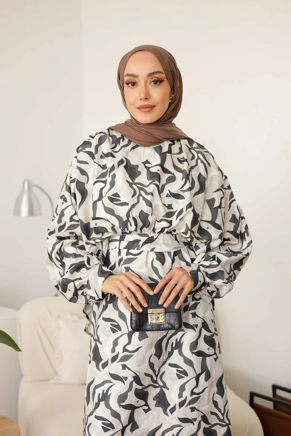 Desenli Berrin Elbise - Gri