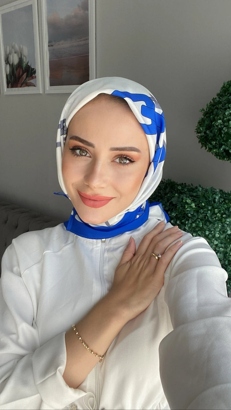 Zincir Desen Kare Eşarp - Saks Mavi