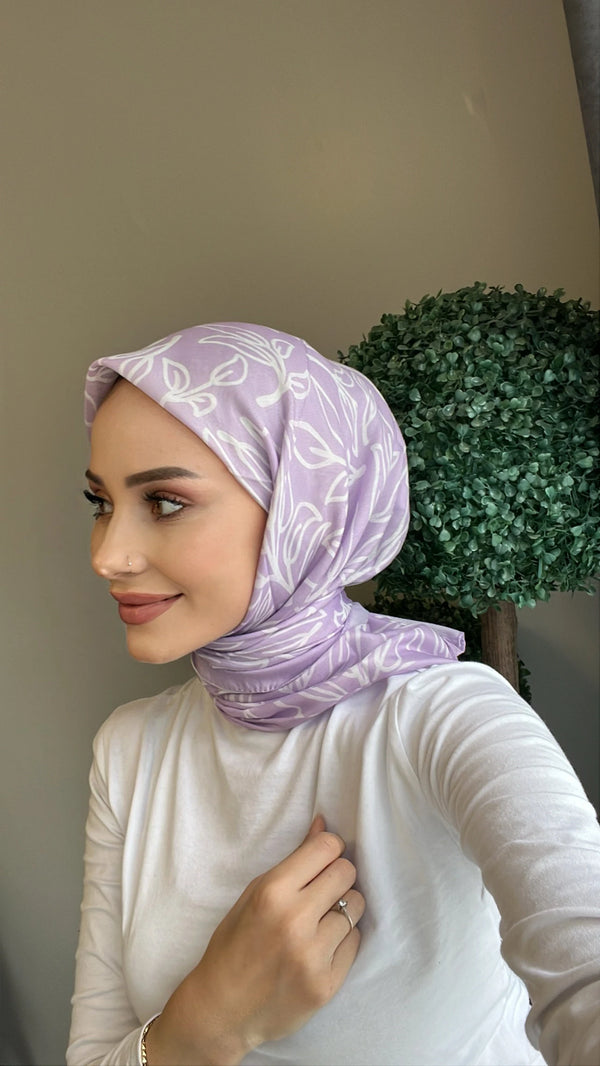 Yaprak Desenli Kare Eşarp - Lila