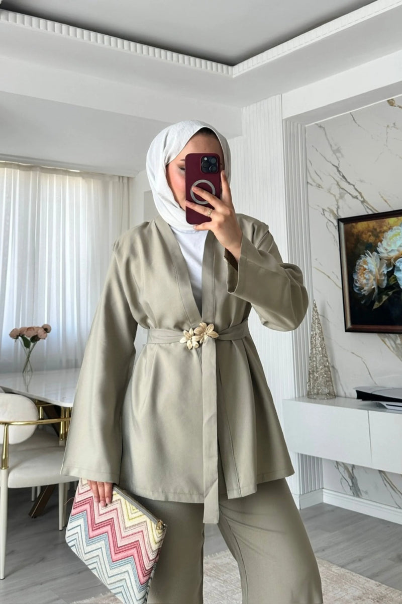Broş Kemerli Kimono Takım - Açık Haki
