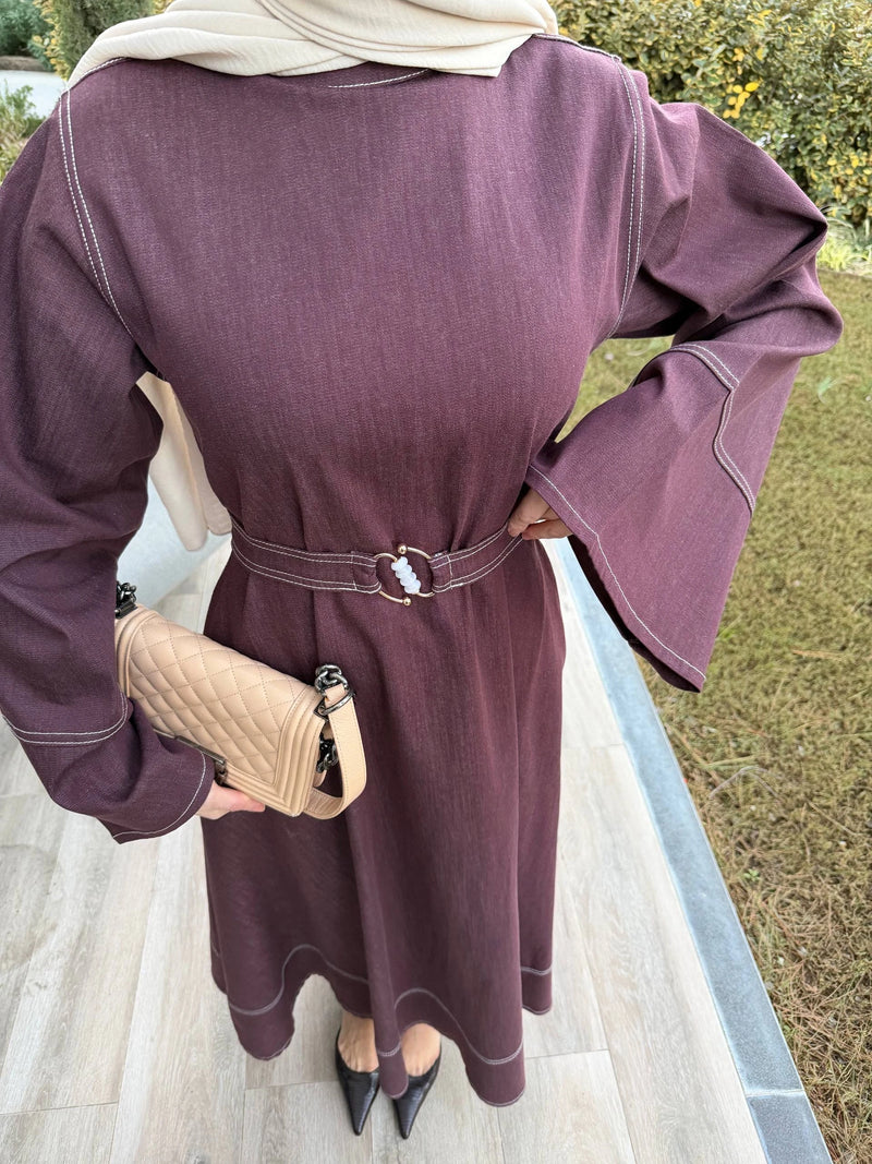 Çan Model Denim Elbise - Bordo
