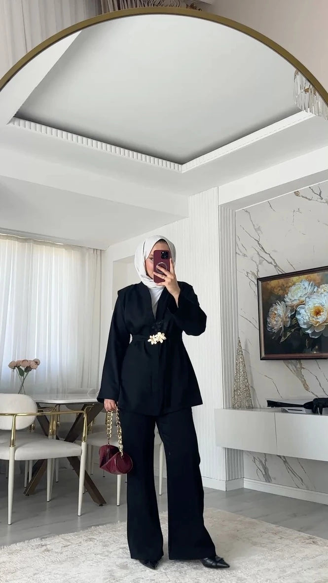 Broş Kemerli Kimono Takım - Siyah