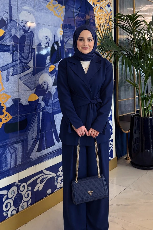 Bağlama Detay Blazer Ceket Pantolon Takım - Lacivert