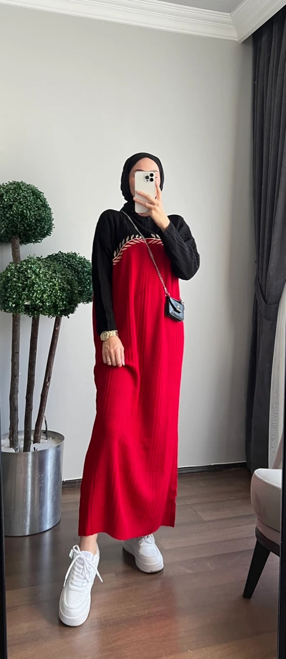 Helen Triko Elbise - Kırmızı