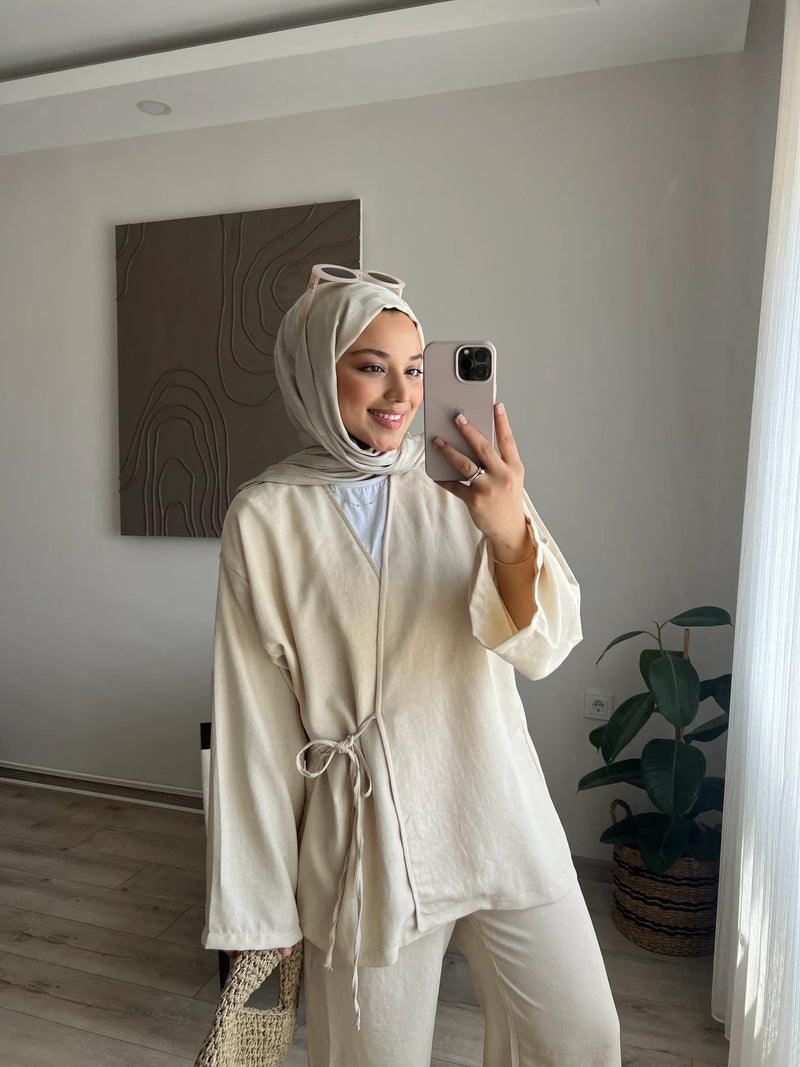 Yandan Bağlamalı Kimono Takım - Bej